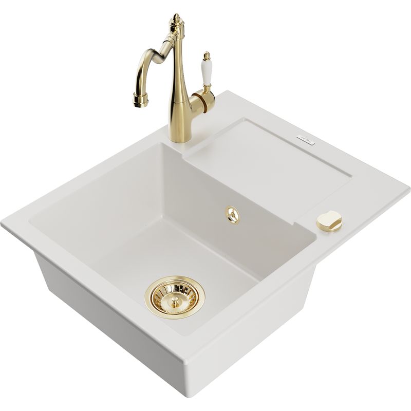 Zlewozmywak granitowy 1-komorowy Mexen Enzo z ociekaczem i baterią kuchenną Carla biały 6506-20-670700-50