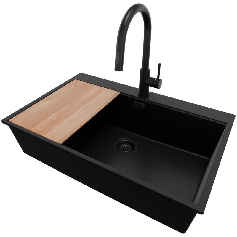 Zlewozmywak Granitowy Oslo PRIMAGRAN Nablatowy 78x50cm do szafki od 80cm, Cały Czarny + Bateria + Syfon + Deska, S614, 1 szt.