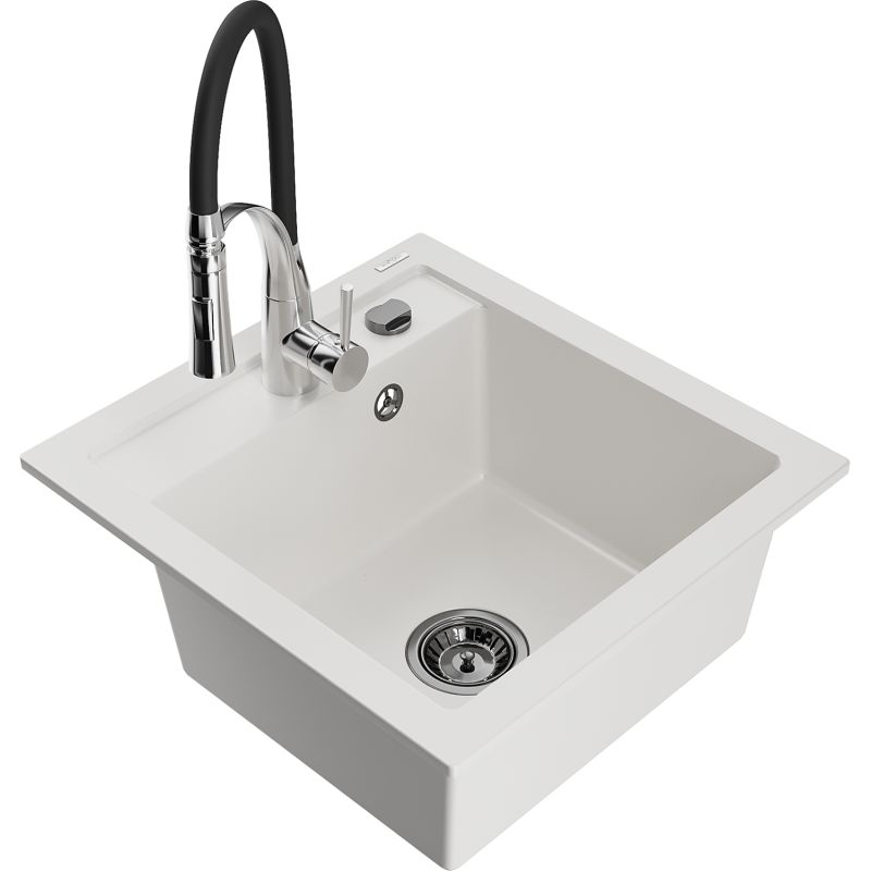 Zlewozmywak granitowy 1-komorowy Mexen Vito z baterią kuchenną Aster biały 6503-20-73450-07-B