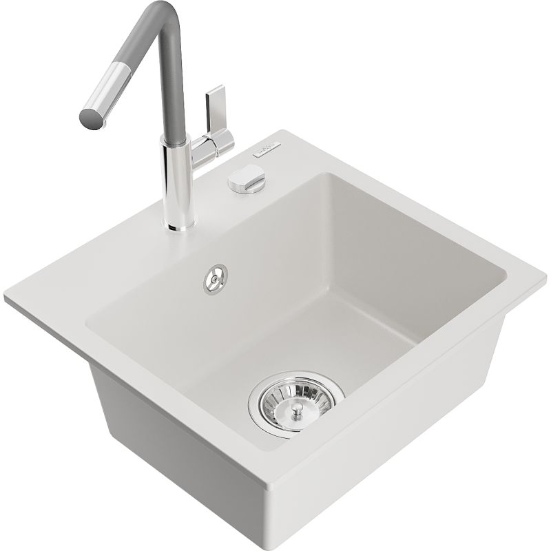Zlewozmywak granitowy 1-komorowy Mexen Milo z baterią kuchenną Flora biały 6505-20-670401-06
