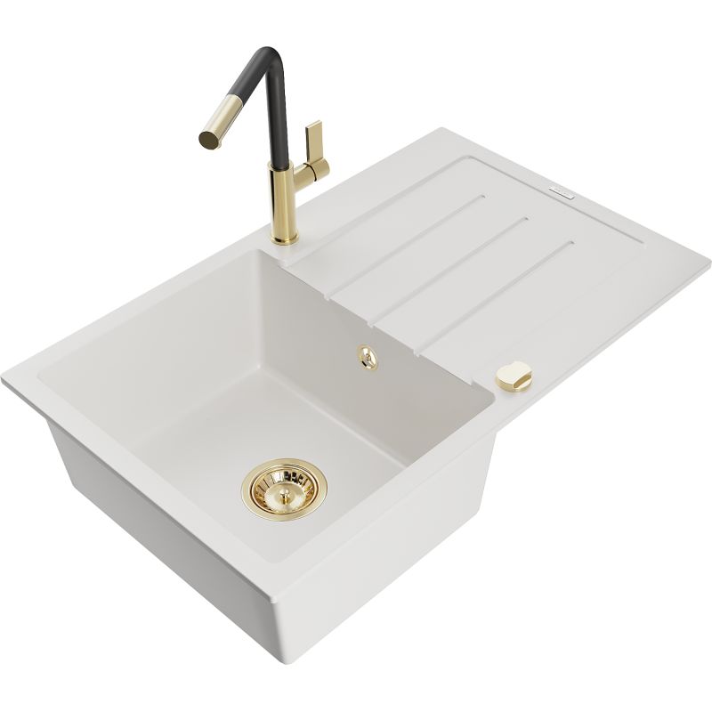 Zlewozmywak granitowy 1-komorowy Mexen Bruno z ociekaczem i baterią kuchenną Flora biały 6513-20-670401-57-G