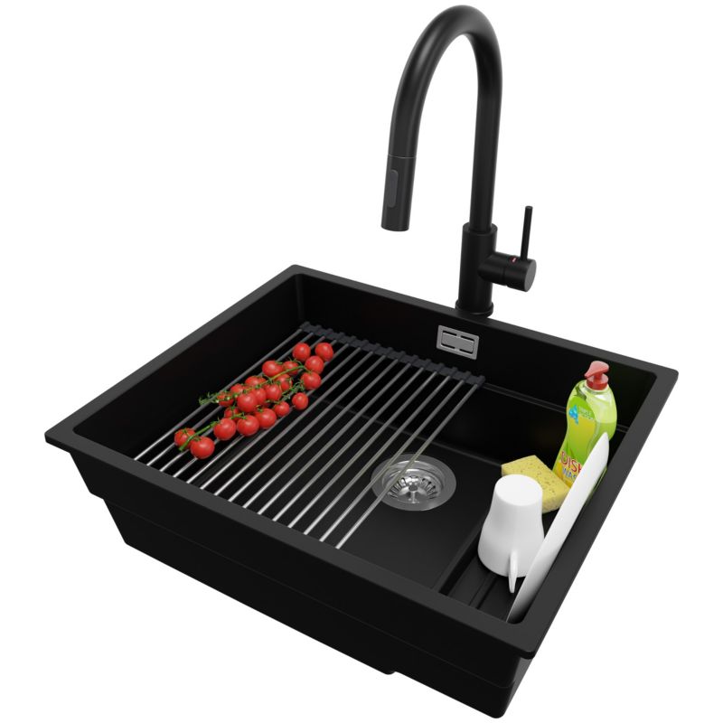 Zlewozmywak podblatowy Praga PRIMAGRAN 56x47cm do szafki od 60cm, Czarny + Bateria + Syfon + Zwijany ociekacz, S361, 1 szt.