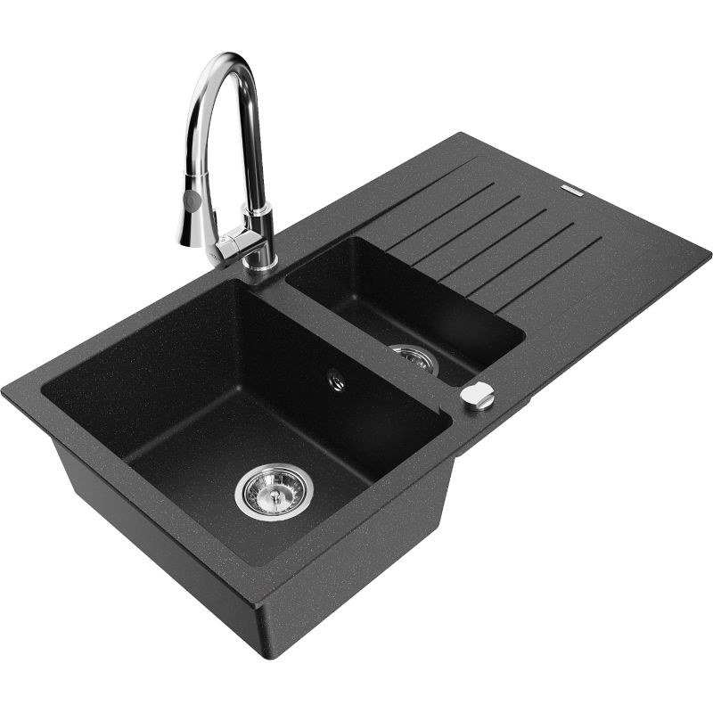 Zlewozmywak granitowy 1.5-komorowy Mexen Matias z ociekaczem i baterią kuchenną Elia czarny/srebrny metalik 6502-73-670101-00