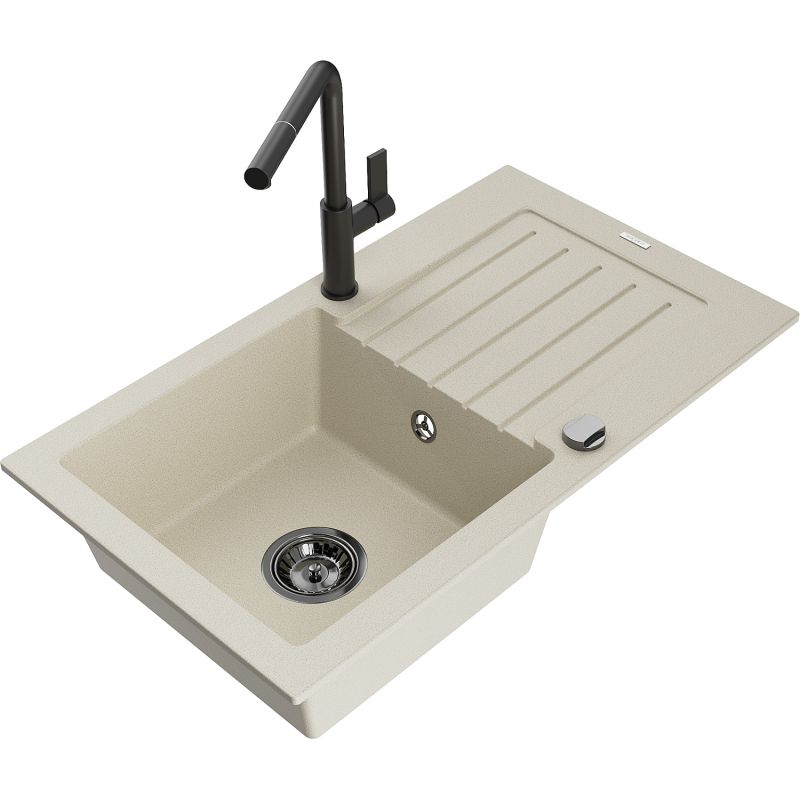 Zlewozmywak granitowy 1-komorowy Mexen Pablo z ociekaczem i baterią kuchenną Flora biały - 6510-20-670401-70-B 1 szt.