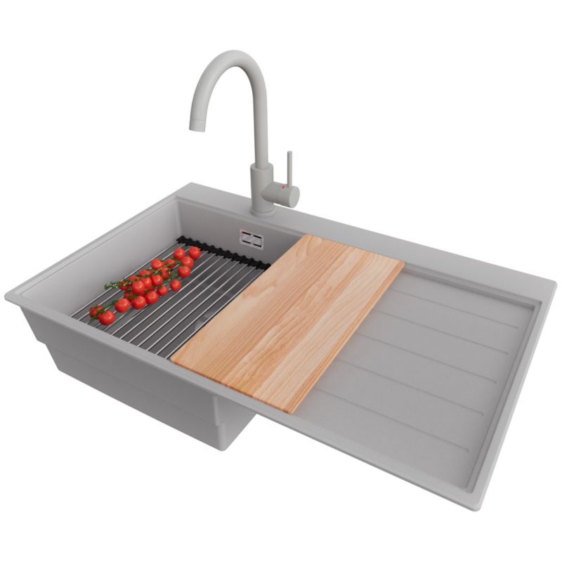 Zlewozmywak Granitowy Sydney PRIMAGRAN Nablatowy 78x50cm do szafki od 45cm, Szary + Bateria + Syfon + Akcesoria, S274, 1 szt.