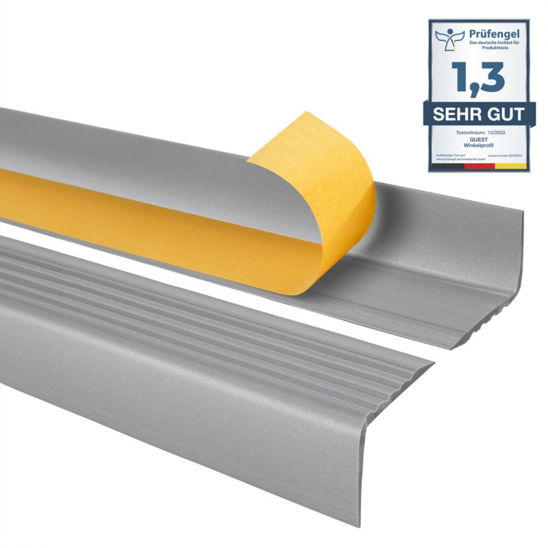 Profil schodowy PCV 50x42mm, QUEST, samoprzylepny antypoślizgowy nosek schodowy, RGP, srebrny, 1.1m