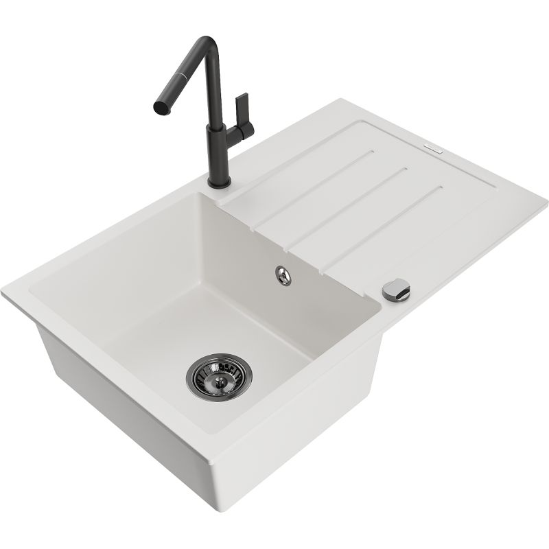 Zlewozmywak granitowy 1-komorowy Mexen Bruno z ociekaczem i baterią kuchenną Flora czarny - 6513-77-670401-70-B 1 szt.