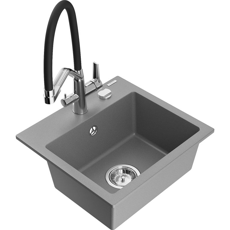 Zlewozmywak granitowy 1-komorowy Mexen Milo z baterią kuchenną Duo szary 6505-71-671701-07