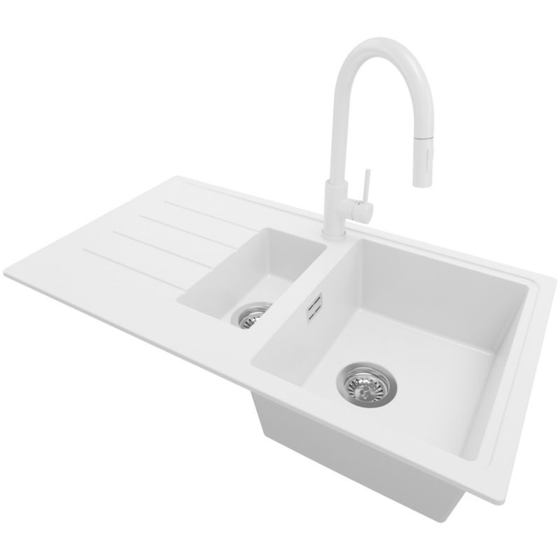 Zlewozmywak Granitowy Kopenhaga Duo PRIMAGRAN Nablatowy 90x50cm do szafki od 60cm, Biały + Bateria 40x20cm + Syfon, S021, 1 szt.