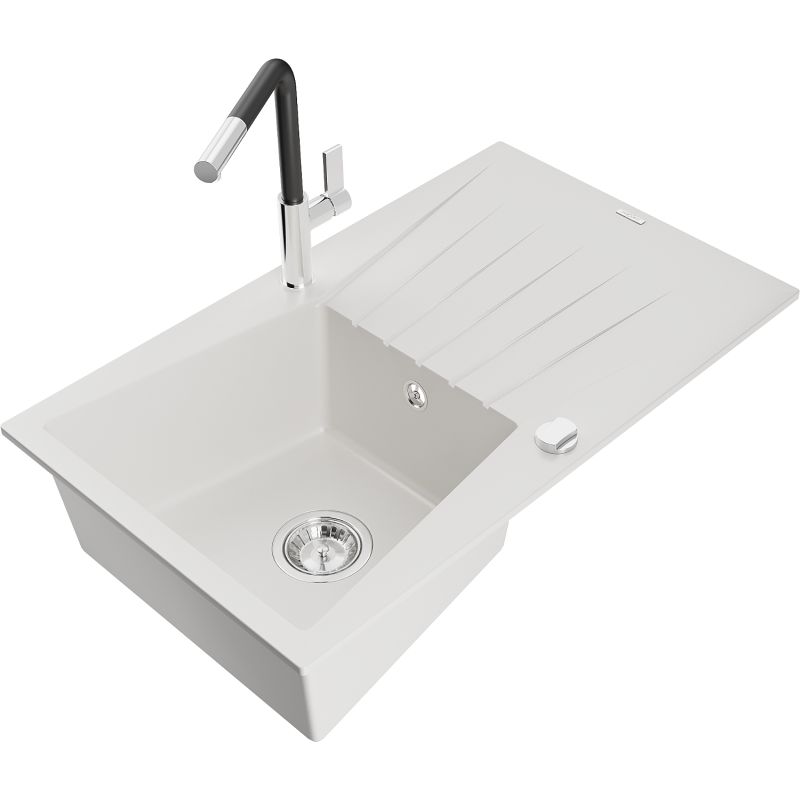 Zlewozmywak granitowy 1-komorowy Mexen Cesar z ociekaczem i baterią kuchenną Flora biały 6514-20-670401-07