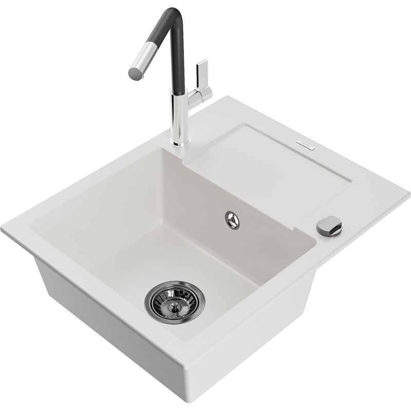 Zlewozmywak granitowy 1-komorowy Mexen Enzo z ociekaczem i baterią kuchenną Flora biały 6506-20-670401-07-B