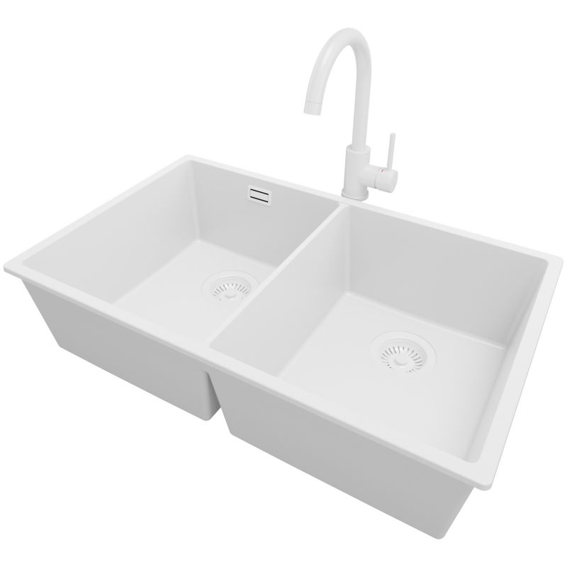 Zlewozmywak podblatowy Londyn Twin PRIMAGRAN 76x47cm do szafki od 80cm, Cały Biały + Bateria 32x20cm + Syfon, S014, 1 szt.