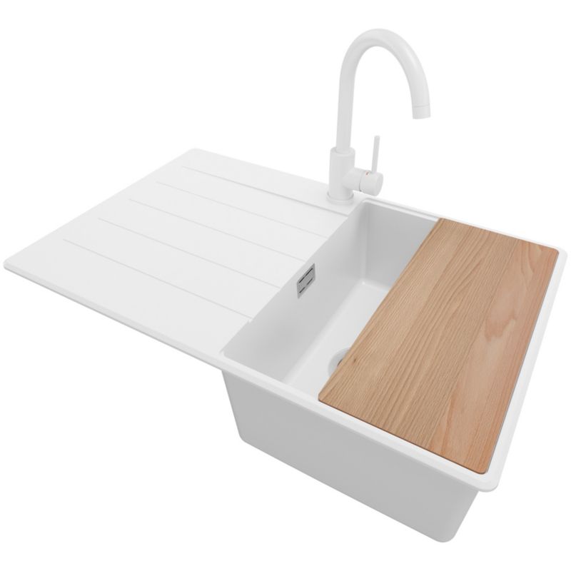 Zlewozmywak Granitowy Kopenhaga PRIMAGRAN Nablatowy 78x50cm do szafki od 45cm, Biały + Bateria + Syfon + Deska, S351, 1 szt.