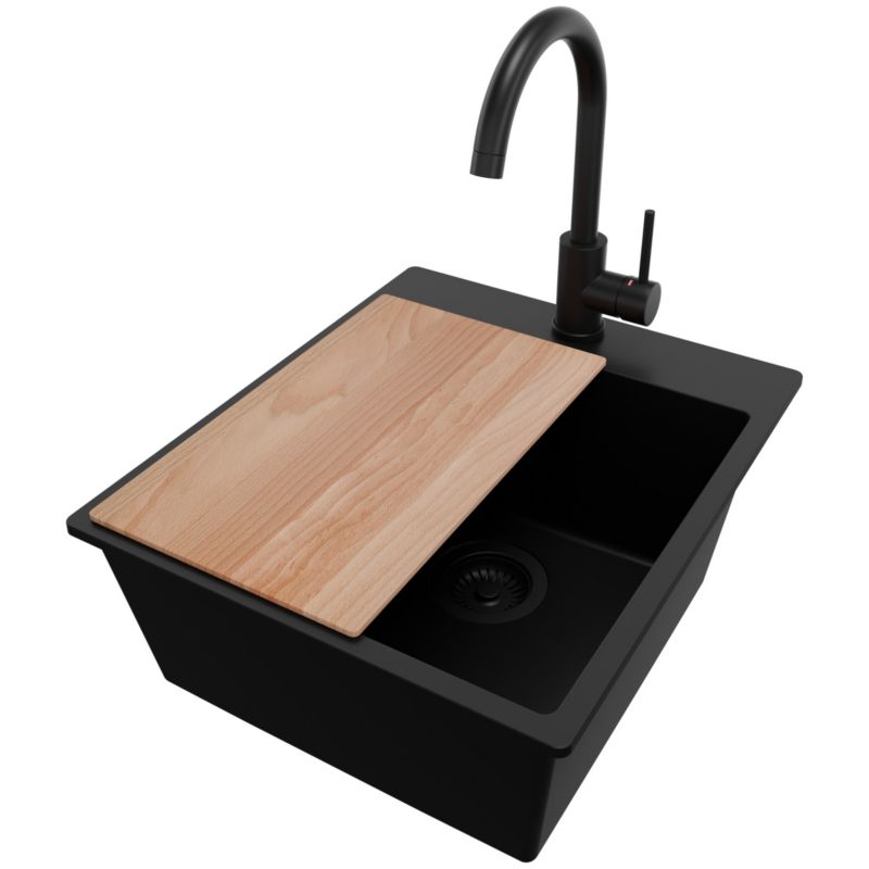 Zlewozmywak Granitowy Ryga PRIMAGRAN Nablatowy 43x50cm do szafki od 45cm z Syfonem i Baterią i Dodatkiem Cały Czarny 1 szt.