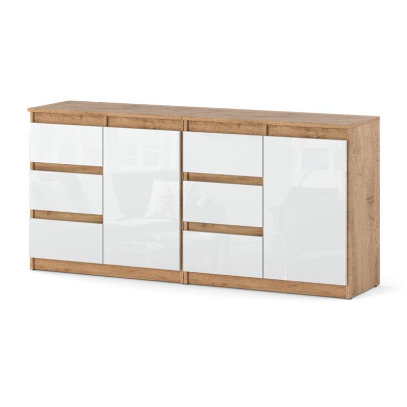 Komoda Hurtownia-Mebli Szuflady 6 Agna Mini 160cm Dąb Wotan Biały Połysk 160x35x75 cm 1szt.