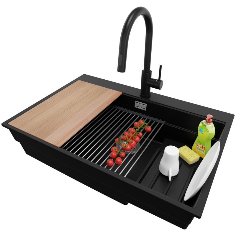 Zlewozmywak Granitowy Oslo Max PRIMAGRAN Nablatowy 78x53cm do szafki od 80cm, Czarny + Bateria + Syfon + Akcesoria, S105, 1 szt.