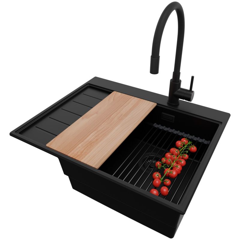 Zlewozmywak Granitowy Sydney PRIMAGRAN Nablatowy 62x50cm, Cały Czarny + Bateria + Syfon + Akcesorium, S140, 1 szt.