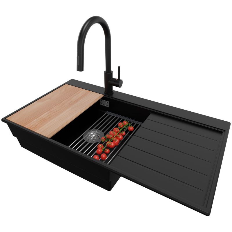 Zlewozmywak Granitowy Sydney PRIMAGRAN Nablatowy 90x50cm do szafki od 60cm, Czarny + Bateria + Syfon + Akcesoria, S467, 1 szt.