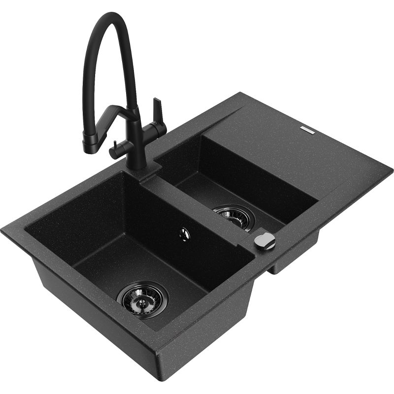 Zlewozmywak granitowy 1.5-komorowy Mexen Gaspar z ociekaczem i baterią Duo czarny/srebrny metalik - 6507-73-671701-07 1 szt.