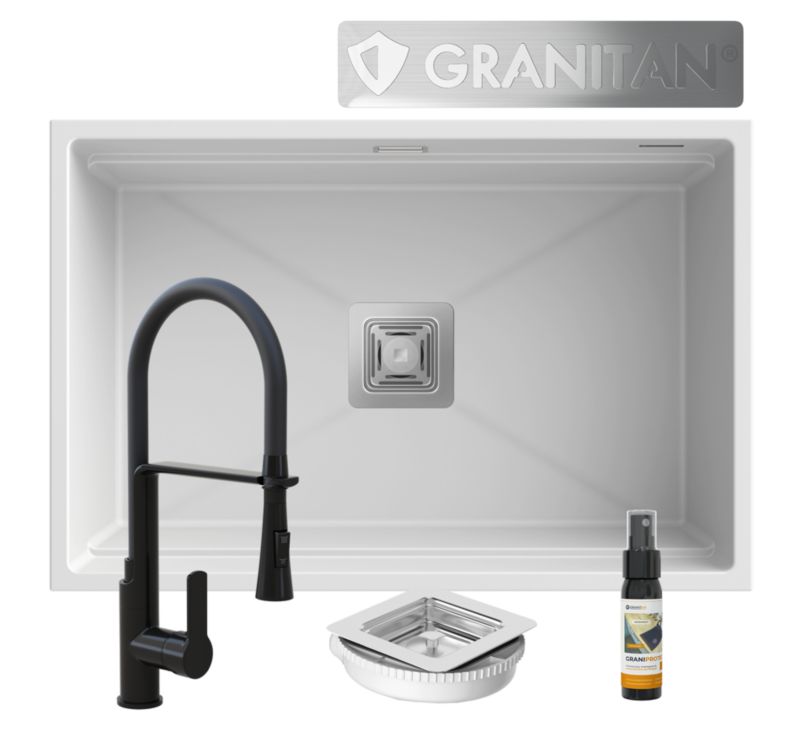 Zlewozmywak Podwieszany Granitowy Jednokomorowy Granitan Epir 70 Biały Zestaw Zlewozmywak Bateria Syfon Kwadrat 1 kpl.