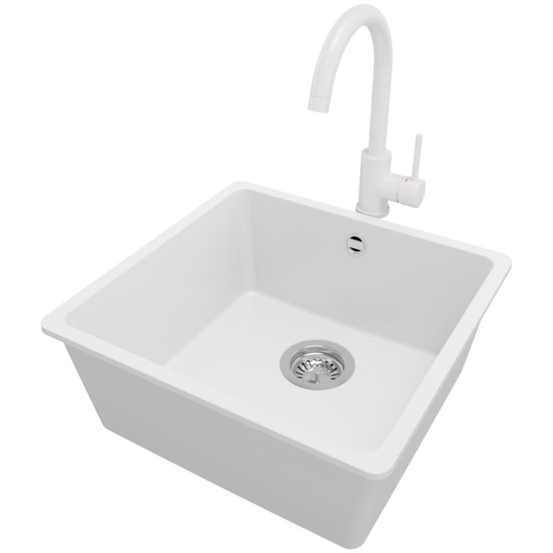 Zlewozmywak podblatowy Wenecja Easy PRIMAGRAN 46x44cm do szafki od 50cm, Biały + Bateria 32x20cm + Syfon, S039, 1 szt.