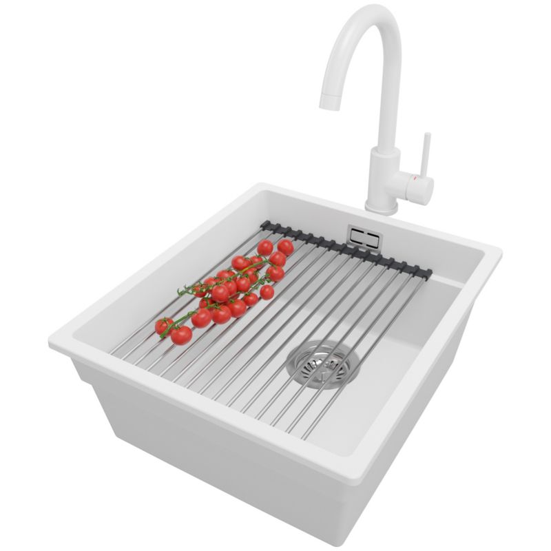 Zlewozmywak podblatowy Praga PRIMAGRAN 41x47cm do szafki od 45cm, Biały + Bateria + Syfon + Zwijany ociekacz, S129, 1 szt.