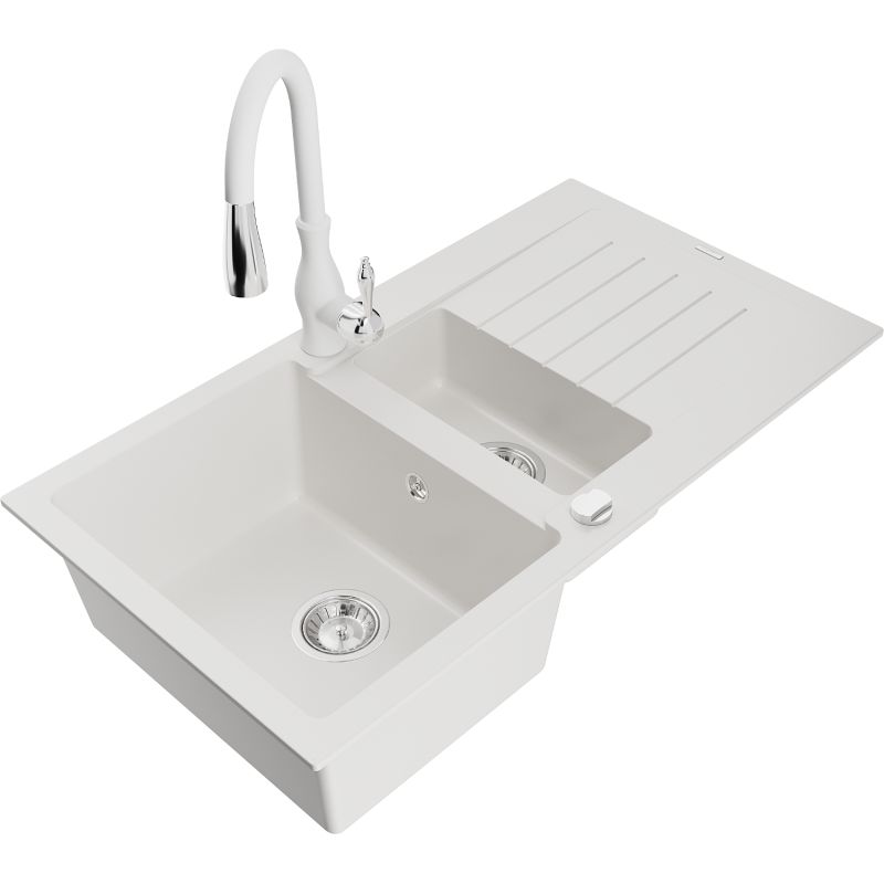 Zlewozmywak granitowy 1.5-komorowy Mexen Matias z ociekaczem i baterią kuchenną Savita biały 6502-20-672601-20