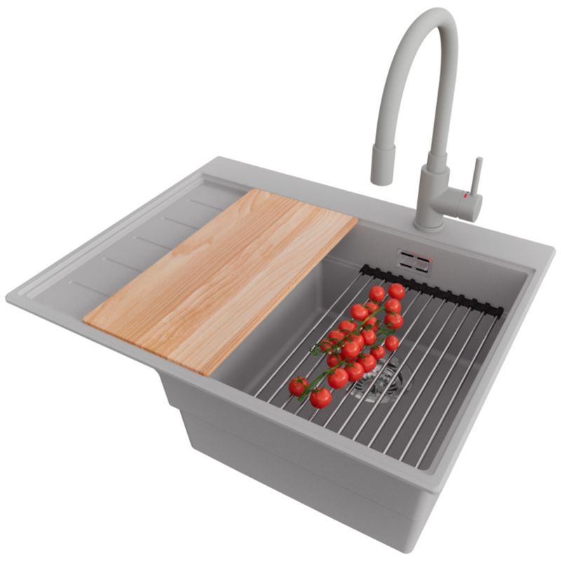 Zlewozmywak Granitowy Sydney PRIMAGRAN Nablatowy 62x50cm do szafki od 40cm, Szary + Bateria + Syfon + Akcesoria, S040, 1 szt.