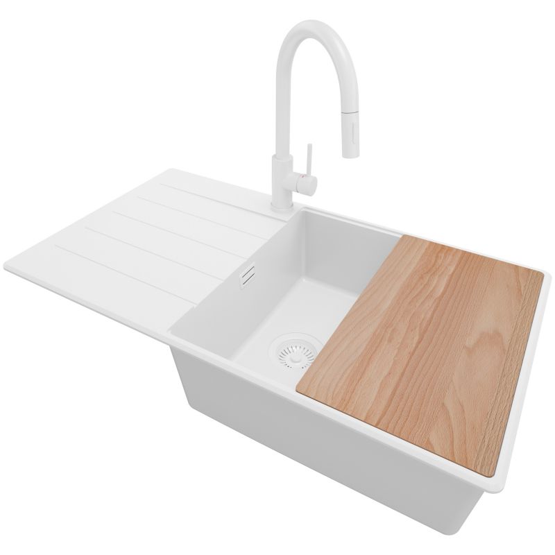 Zlewozmywak Granitowy Kopenhaga PRIMAGRAN Nablatowy 90x50cm do szafki od 60cm, Cały Biały + Bateria + Syfon + Deska, S736, 1 szt.