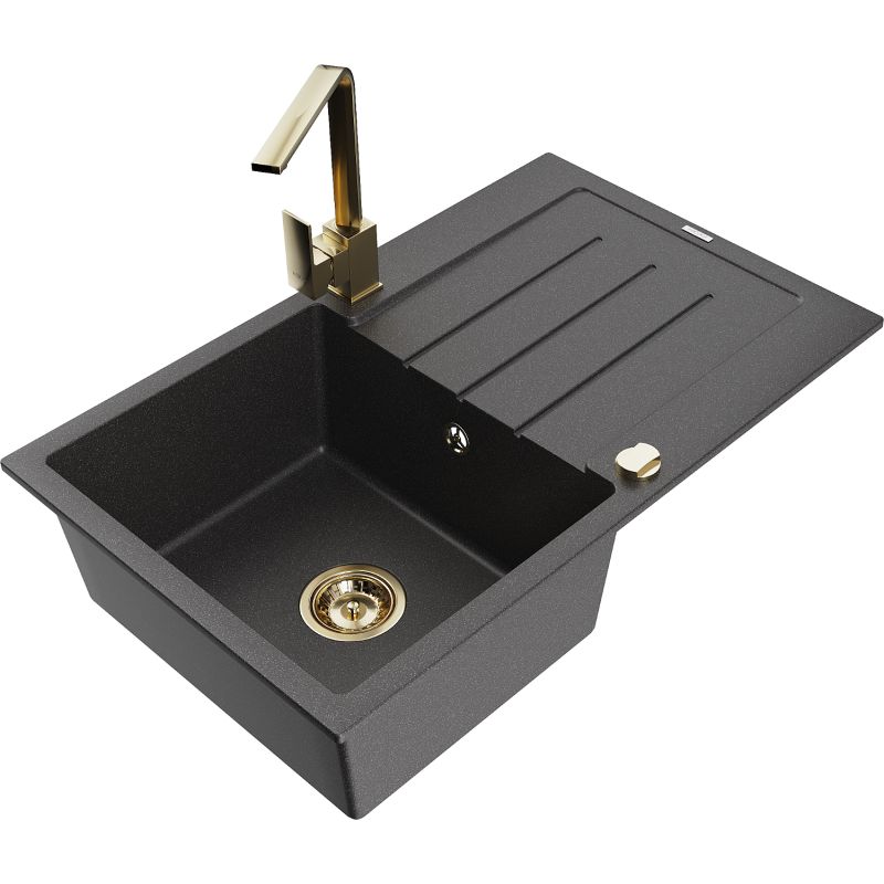 Zlewozmywak granitowy 1-komorowy Mexen Bruno z ociekaczem i baterią kuchenną Rita czarny nakrapiany 6513-76-670300-50