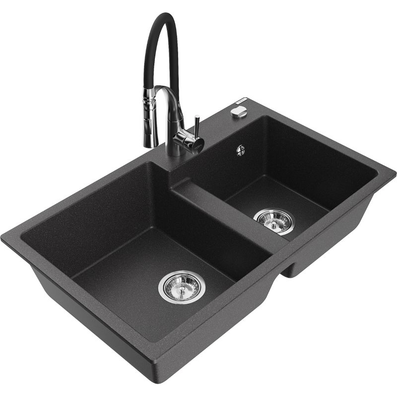 Zlewozmywak granitowy 2-komorowy Mexen Tomas z baterią kuchenną Aster czarny nakrapiany 6516-76-73450-07