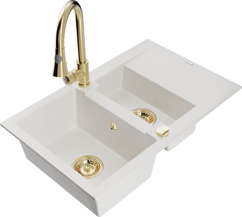 Zlewozmywak granitowy Mexen Gaspar 1,5-komorowy z ociekaczem i baterią kuchenną Elia biały 6507-20-670101-50