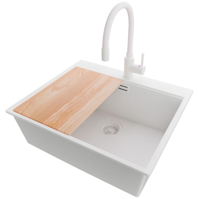 Zlewozmywak Granitowy Oslo PRIMAGRAN Nablatowy 58x50cm do szafki od 60cm, Cały Biały + Bateria + Syfon + Deska, S432, 1 szt.