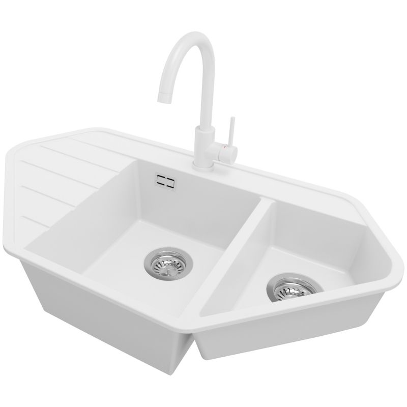 Zlew Granitowy Narożny Kopenhaga Corner PRIMAGRAN Nablatowy 90x50cm do szafki od 70cm, Biały + Bateria + Syfon, S011, 1 szt.