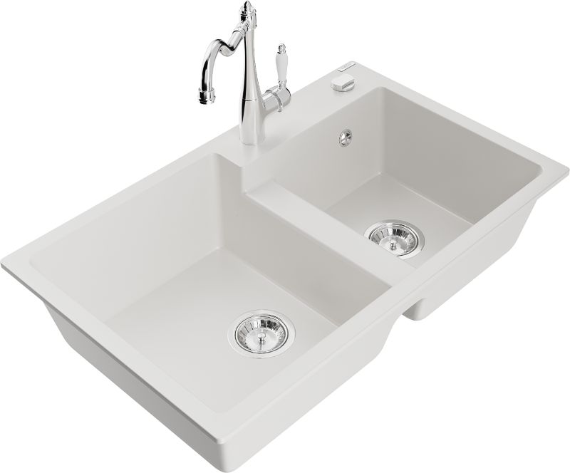 Zlewozmywak granitowy Mexen Tomas 2-komorowy z baterią kuchenną Duero biały - 6516-20-671600-00 1 szt.