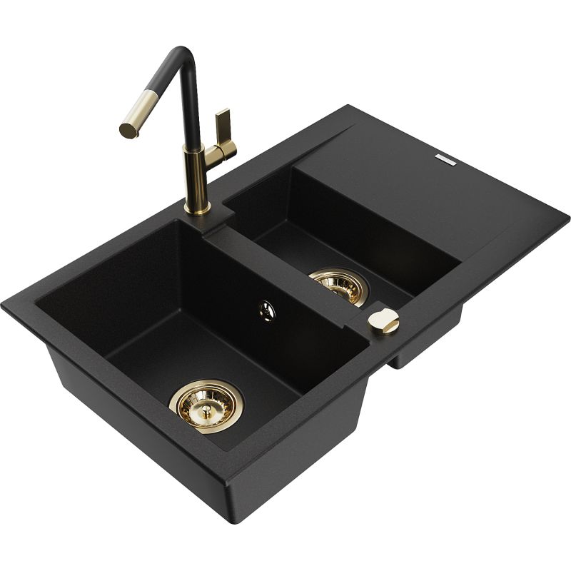 Zlewozmywak granitowy 1.5-komorowy Mexen Gaspar z ociekaczem i baterią kuchenną Flora czarny 6507-77-670401-57-G