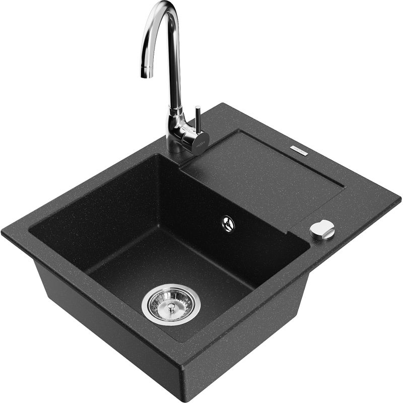 Zlewozmywak granitowy 1-komorowy Mexen Enzo z ociekaczem i baterią kuchenną Telma czarny/srebrny 6506-73-670200-00