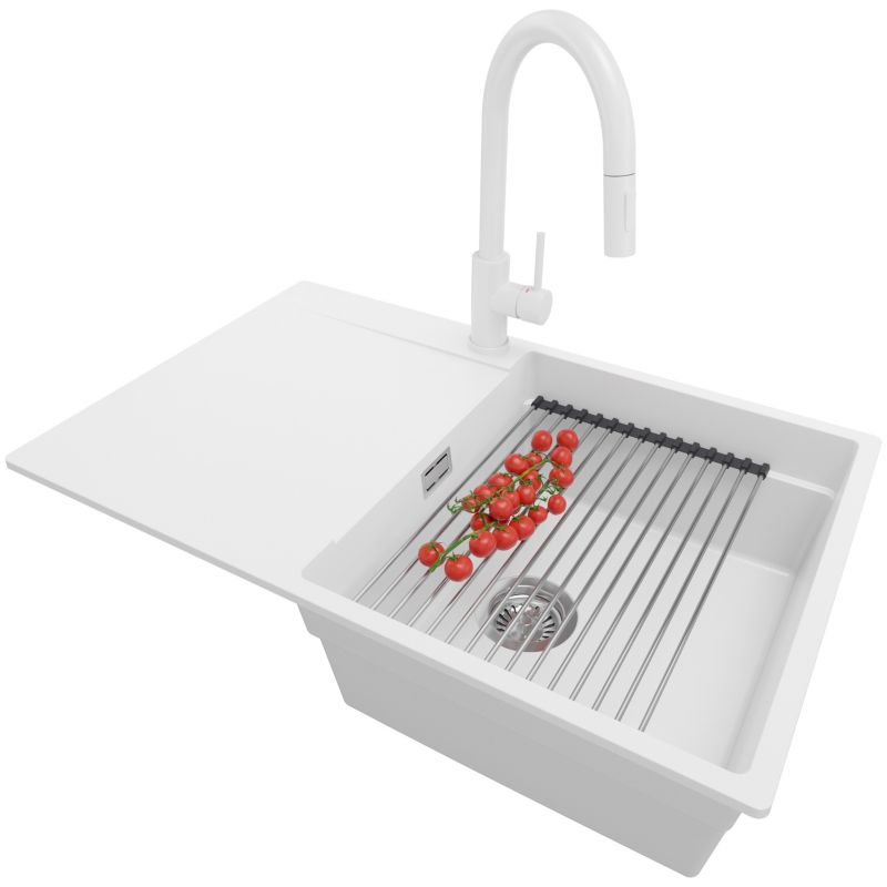 Zlewozmywak Granitowy San Francisco PRIMAGRAN Nablatowy 78x50cm, Biały + Bateria + Syfon + Akcesorium, S046, 1 szt.