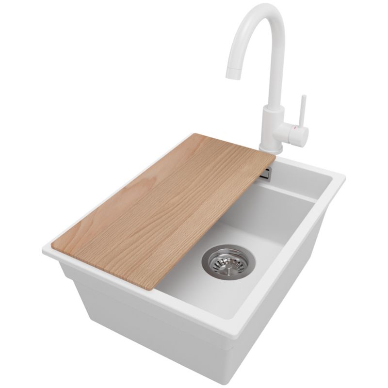 Zlewozmywak Granitowy Praga Slim PRIMAGRAN Nablatowy 36x47cm do szafki od 40cm z Syfonem i Baterią i Dodatkiem Biały 1 szt.