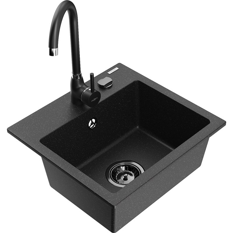 Zlewozmywak granitowy 1-komorowy Mexen Milo z baterią kuchenną Telma czarny/srebrny 6505-73-670200-70-B
