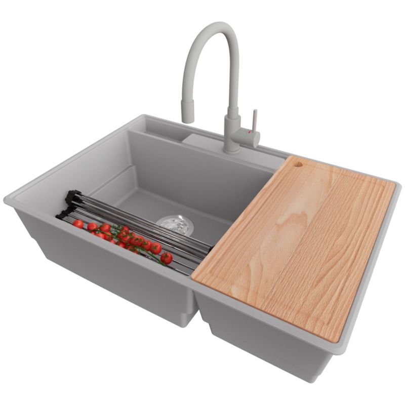 Zlewozmywak Granitowy Paryż PRIMAGRAN Nablatowy 78x53cm do szafki od 80cm, Szary + Bateria + Syfon + Akcesoria, S051, 1 szt.