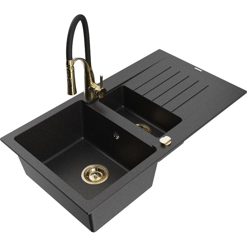 Zlewozmywak granitowy 1.5-komorowy Mexen Matias z ociekaczem i baterią kuchenną Aster czarny/srebrny 6502-73-73450-57-G