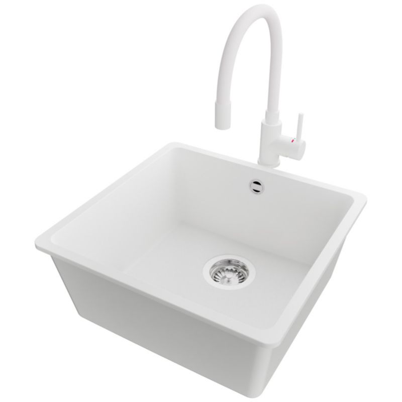 Zlewozmywak Granitowy Wenecja Slim Easy PRIMAGRAN Nablatowy 46x44cm do szafki od 50cm, Biały + Bateria + Syfon, S055, 1 szt.