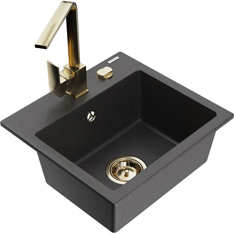 Zlewozmywak granitowy 1-komorowy Mexen Milo z baterią kuchenną Rita czarny nakrapiany 6505-76-670300-50
