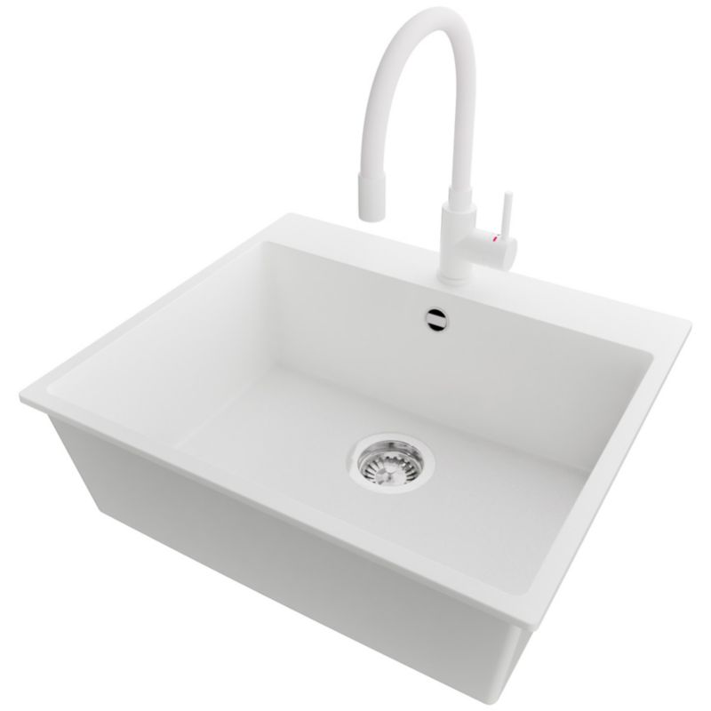 Zlewozmywak Granitowy Ryga PRIMAGRAN Nablatowy 58x50cm do szafki od 60cm, Biały + Bateria 38x14cm + Syfon, S333, 1 szt.