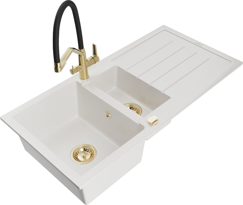 Zlewozmywak granitowy Mexen Andres 1,5-komorowy z ociekaczem i baterią kuchenną Duo biały 6515-20-671701-57-G