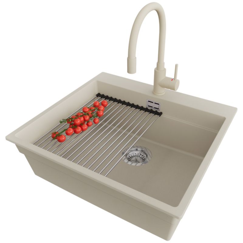 Zlewozmywak Granitowy Oslo Max PRIMAGRAN Nablatowy 58x53cm do szafki od 60cm, Beżowy + Bateria + Syfon + Akcesorium, S172, 1 szt.