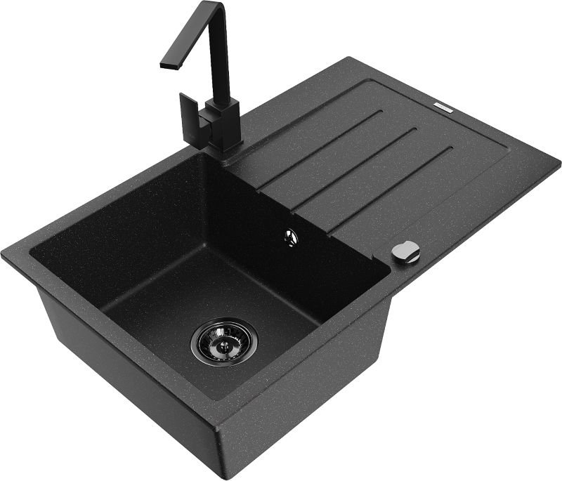 Zlewozmywak granitowy Mexen Bruno 1-komorowy z ociekaczem i baterią kuchenną Rita czarny/srebrny - 6513-73-670300-70 1 szt.