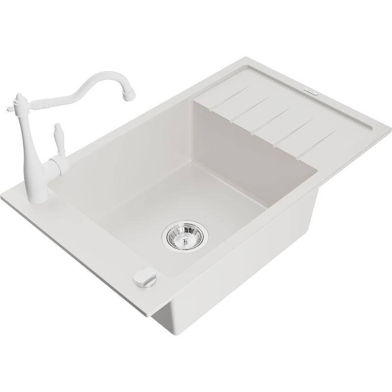 Zlewozmywak granitowy 1-komorowy Mexen Elias z ociekaczem i baterią kuchenną Carla biały 6511-20-670700-20