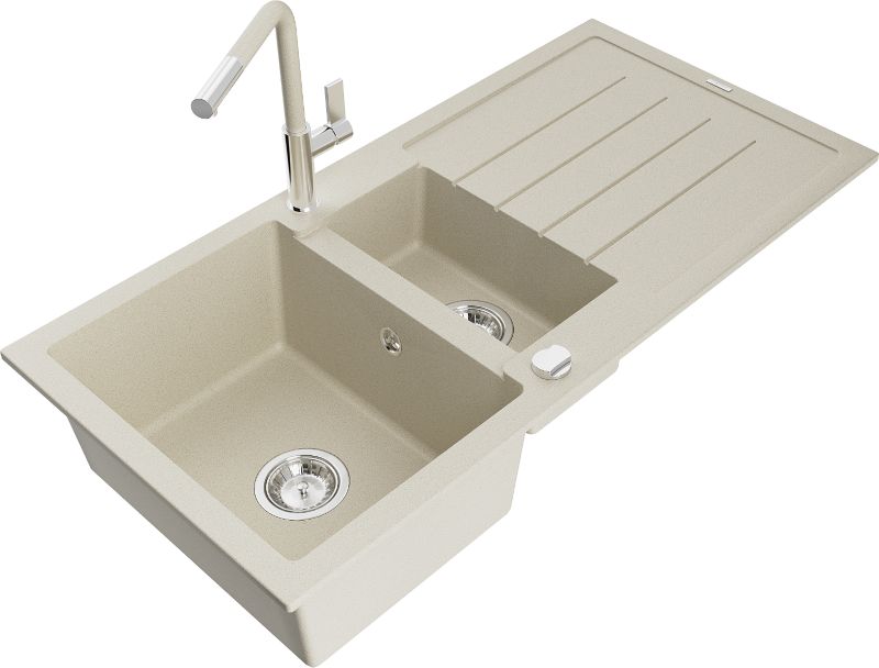 Zlewozmywak granitowy Mexen Andres 1,5-komorowy z ociekaczem i baterią kuchenną Flora beżowy 6515-69-670401-09